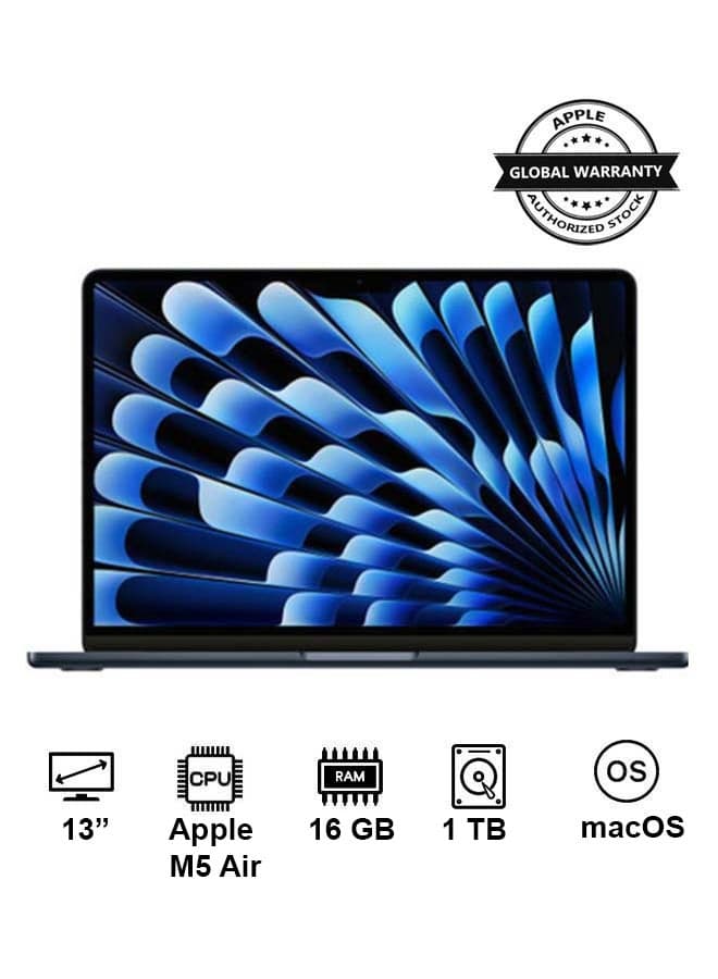 New 2026 MacBook Air MDHF4 | 13 Inch Display | Apple M5 Air | 10-Core CPU 10-Core GPU | 16GB RAM | 1TB SSD | macOS | English Keyboard | International Version | Midnight
