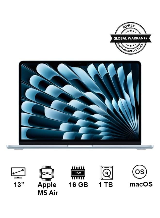 New 2026 MacBook Air MDHJ4 | 13 Inch Display | Apple M5 Air | 10-Core CPU 10-Core GPU | 16GB RAM | 1TB SSD | macOS | English And Arabic Keyboard | English/Arabic Sky Blue