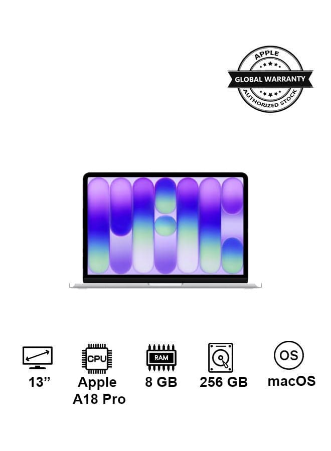 MacBook Neo | 13-Inch Display | A18 Pro, 6-core CPU, 5-core GPU, 16-core Neural Engine Processor | 8GB RAM | 256GB SSD| English And Arabic Keyboard | English/Arabic Silver