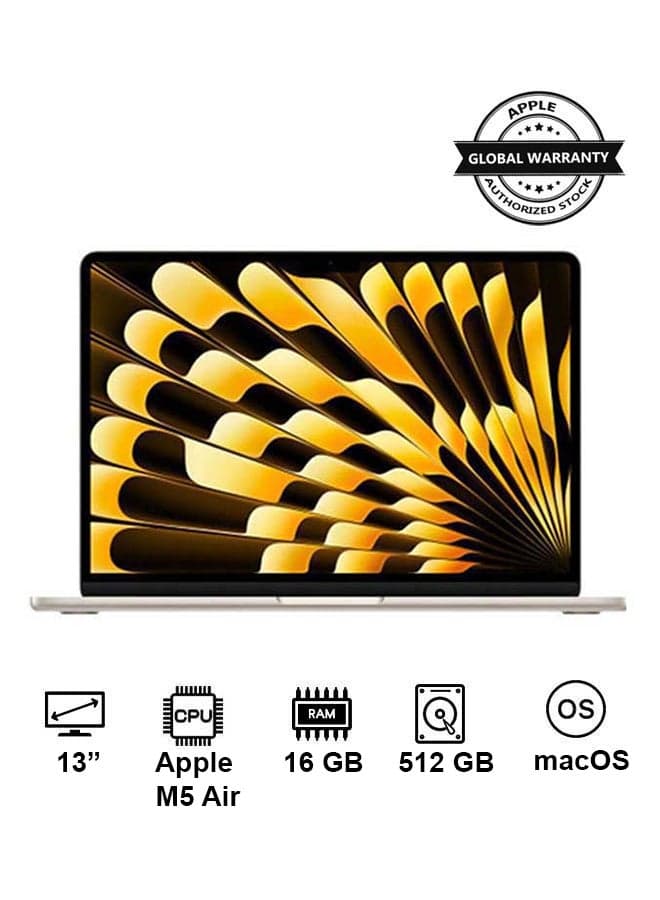 New 2026 MacBook Air MDHA4 13 Inch Display | M5 Air 10-Core CPU 8-Core GPU | 16GB RAM | 512GB SSD | macOS | English Keyboard | International Version | Starlight